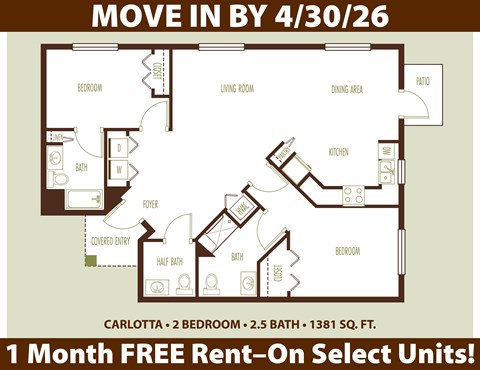 Floor plan for 2 beds, 2.5 baths, 1225 sqft